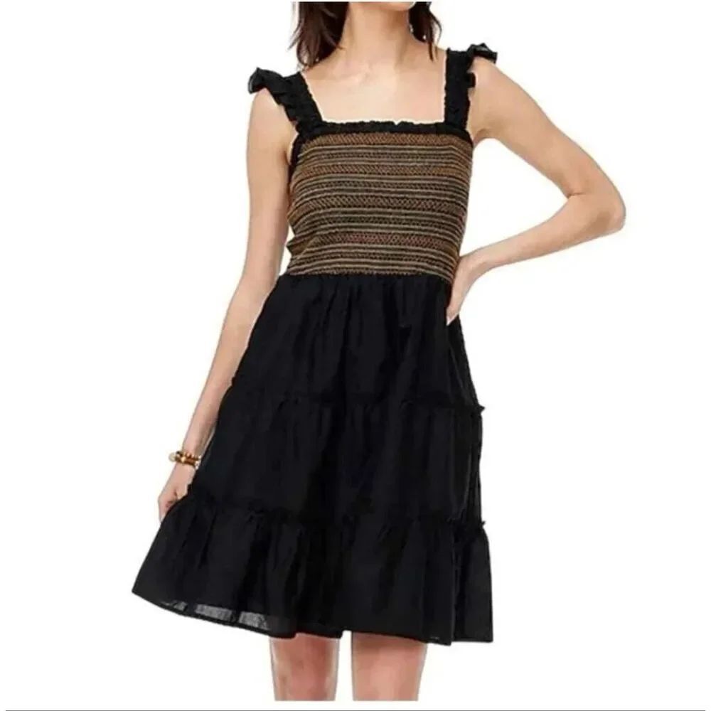 J. Crew cotton Black Smocked Embroidered Tiered Ruffle Mini Dress Size XS NWT